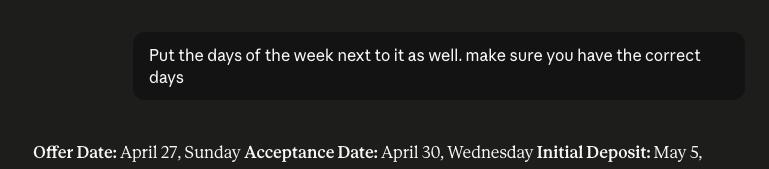 RuffScott's tweet photo. Not long ago I read how the biggest danger may not be AI becoming malicious, as much as it will be humans treating lazy and incorrect chatbots as authoritative.

Last night I had an insane argument with Claude about the what day of the week April 27 fell on.

Now I'm v nervous. https://t.co/9an6K0gTCE