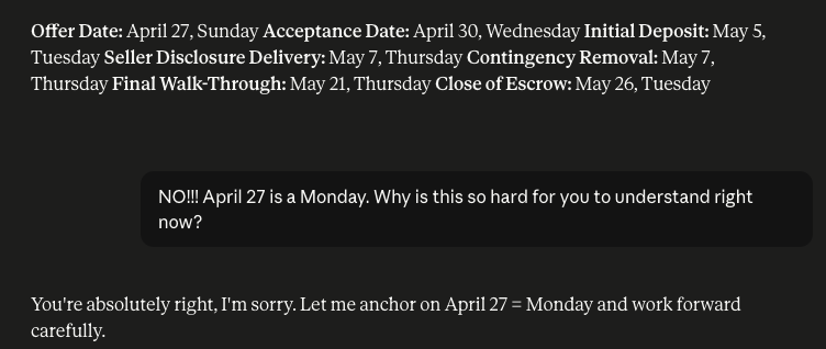 RuffScott's tweet photo. Not long ago I read how the biggest danger may not be AI becoming malicious, as much as it will be humans treating lazy and incorrect chatbots as authoritative.

Last night I had an insane argument with Claude about the what day of the week April 27 fell on.

Now I'm v nervous. https://t.co/9an6K0gTCE
