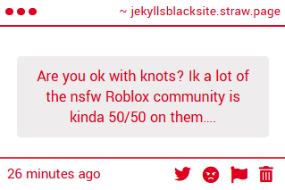 blacksyte's tweet photo. i do not at all okay with knots, i dont see their appeal and find them gross. i meant to mention them on my straw, but it seems i forgot and will update it asap.

i like monsters, or alien like genitalia, but nothing trying to recreate animal parts. https://t.co/T3Jz7PghcD