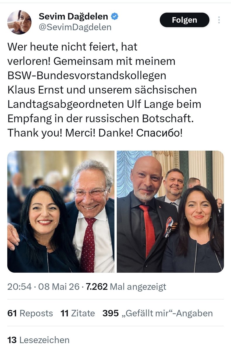 Die Maske ist endgültig gefallen: Die Mitglieder des BSW-Bundesvorstandes <a href="/SevimDagdelen/">Sevim Dağdelen</a> &amp; <a href="/ernst_klaus/">Klaus Ernst</a> haben gestern in der russischen Botschaft in Berlin gefeiert.

#Putinknechte, die feixend auf #Butscha anstoßen &amp; sich ihre nächste Order vom russischen Botschafter abholen.