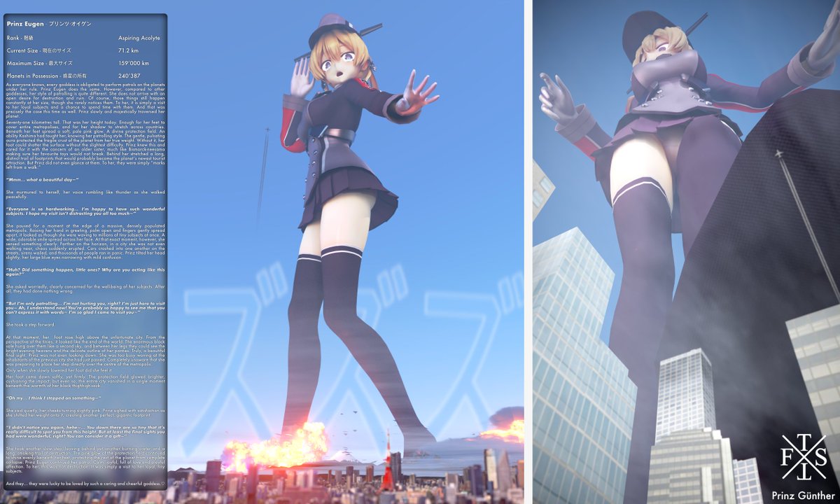 -- Divine Patrol: Prinz Eugen --

Prinz Eugen is a hardworking goddess who often trains and patrols her planets to boost her divine abilities so that one day she can also rule over entire parallel universes.

SS by Prinz Günther

#GiganticChronicles #giantess #sizetwitter #艦これ