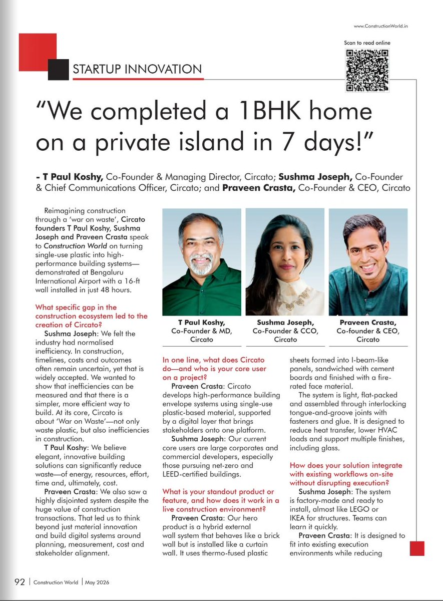 Paul_Koshy's tweet photo. Inviting you to read the May issue of the magazine #ConstructionWorld
Link:
https://t.co/c4sY8Yi3uz
Our company M/s Inviting you to read the May issue of the magazine #ConstructionWorld
Link:
https://t.co/c4sY8Yi3uz
Our company M/s Unified Intelligence is featured in it where the editor interviews the founders.
Our brand Circato is creating a revolution in the exterior wall systems of tall buildings with our light weight thermally insulating #CurtainWalls.
#CIRCATO will consume millions of tonnes of single use plastic waste asnits input raw material and save trillions of litres of water during construction.
The #energy savings in operation of #HVAC is over 50%. There's a substantial savings through downsizing of chillers etc.
Lighter walls also helps optimising the structural framework and foundation load, which eventually reduces capital costs.
We hope to create a huge impact on the environment by replacing conventional construction materials with CIRCATO.
The embodied carbon of our walls manufactured using discarded - wasted MLP single use plastic cover is a negative category of its own. We give a second life to food grade packaging through our panels. These panels are reusable and thus bring in the END of #ConstructionWaste.
(Our website: https://t.co/UBgBDGeDp9)
Our brand Circato is creating a revolution in the exterior wall systems of tall buildings with our light weight thermally insulating #CurtainWalls.
#CIRCATO will consume millions of tonnes of single use plastic waste asnits input raw material and save trillions of litres of water during construction.
The #energy savings in operation of #HVAC is over 50%. There's a substantial savings through downsizing of chillers etc.
Lighter walls also helps optimising the structural framework and foundation load, which eventually reduces capital costs.
We hope to create a huge impact on the environment by replacing conventional construction materials with CIRCATO.
The embodied carbon of our walls manufactured using discarded - wasted MLP single use plastic cover is a negative category of its own. We give a second life to food grade packaging through our panels. These panels are reusable and thus bring in the END of #ConstructionWaste.
(Our website: https://t.co/UBgBDGeDp9)