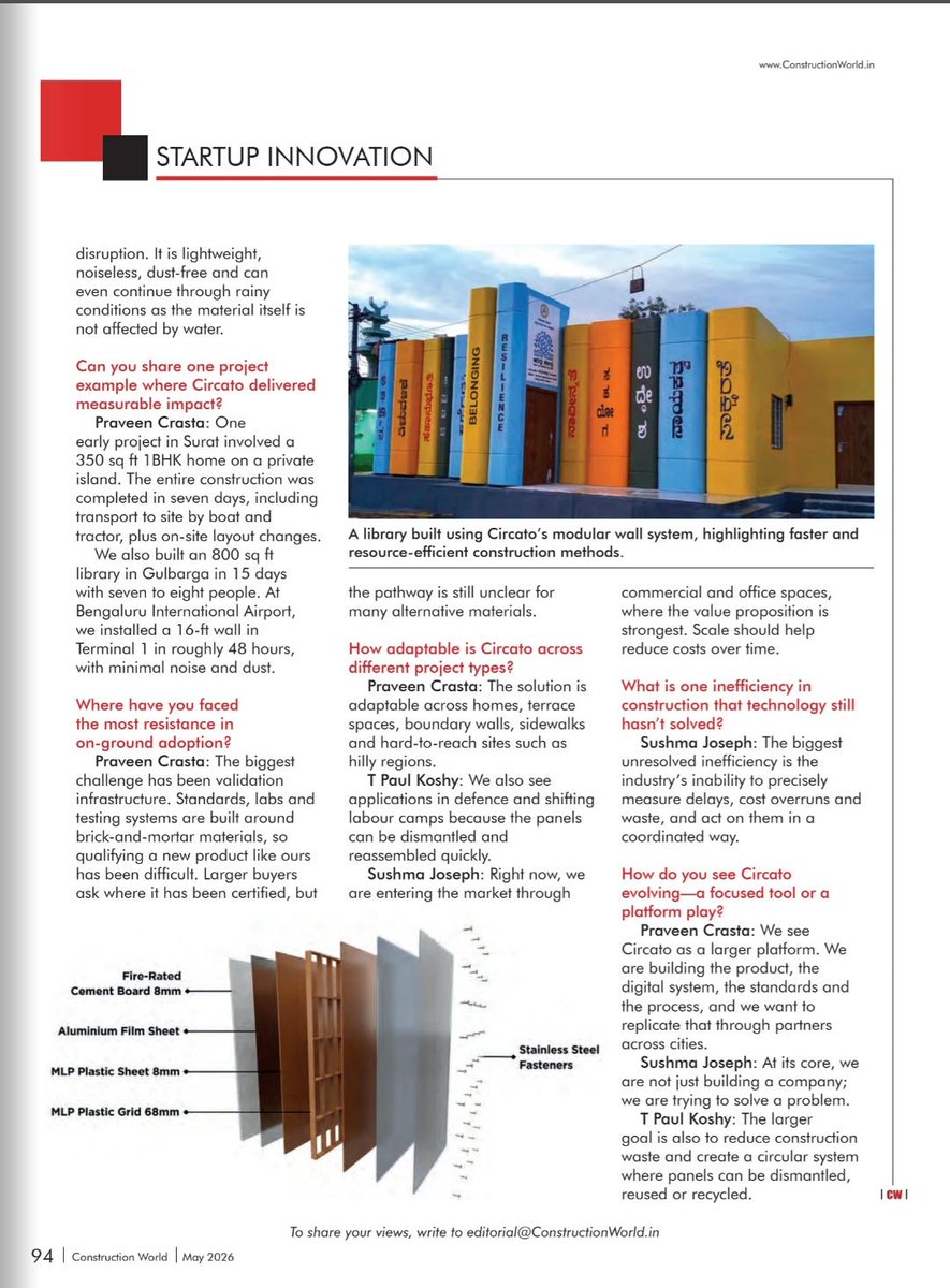 Paul_Koshy's tweet photo. Inviting you to read the May issue of the magazine #ConstructionWorld
Link:
https://t.co/c4sY8Yi3uz
Our company M/s Inviting you to read the May issue of the magazine #ConstructionWorld
Link:
https://t.co/c4sY8Yi3uz
Our company M/s Unified Intelligence is featured in it where the editor interviews the founders.
Our brand Circato is creating a revolution in the exterior wall systems of tall buildings with our light weight thermally insulating #CurtainWalls.
#CIRCATO will consume millions of tonnes of single use plastic waste asnits input raw material and save trillions of litres of water during construction.
The #energy savings in operation of #HVAC is over 50%. There's a substantial savings through downsizing of chillers etc.
Lighter walls also helps optimising the structural framework and foundation load, which eventually reduces capital costs.
We hope to create a huge impact on the environment by replacing conventional construction materials with CIRCATO.
The embodied carbon of our walls manufactured using discarded - wasted MLP single use plastic cover is a negative category of its own. We give a second life to food grade packaging through our panels. These panels are reusable and thus bring in the END of #ConstructionWaste.
(Our website: https://t.co/UBgBDGeDp9)
Our brand Circato is creating a revolution in the exterior wall systems of tall buildings with our light weight thermally insulating #CurtainWalls.
#CIRCATO will consume millions of tonnes of single use plastic waste asnits input raw material and save trillions of litres of water during construction.
The #energy savings in operation of #HVAC is over 50%. There's a substantial savings through downsizing of chillers etc.
Lighter walls also helps optimising the structural framework and foundation load, which eventually reduces capital costs.
We hope to create a huge impact on the environment by replacing conventional construction materials with CIRCATO.
The embodied carbon of our walls manufactured using discarded - wasted MLP single use plastic cover is a negative category of its own. We give a second life to food grade packaging through our panels. These panels are reusable and thus bring in the END of #ConstructionWaste.
(Our website: https://t.co/UBgBDGeDp9)