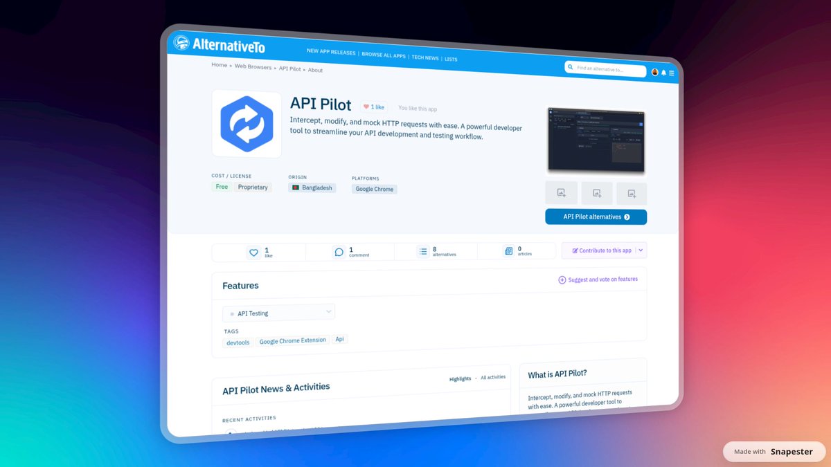 nhrdev's tweet photo. Hey, @apipilot_dev is now listed on @AlternativeTo 😃🙌

#buildinpublic #apipilot #devtools https://t.co/4ToKjyCy0p