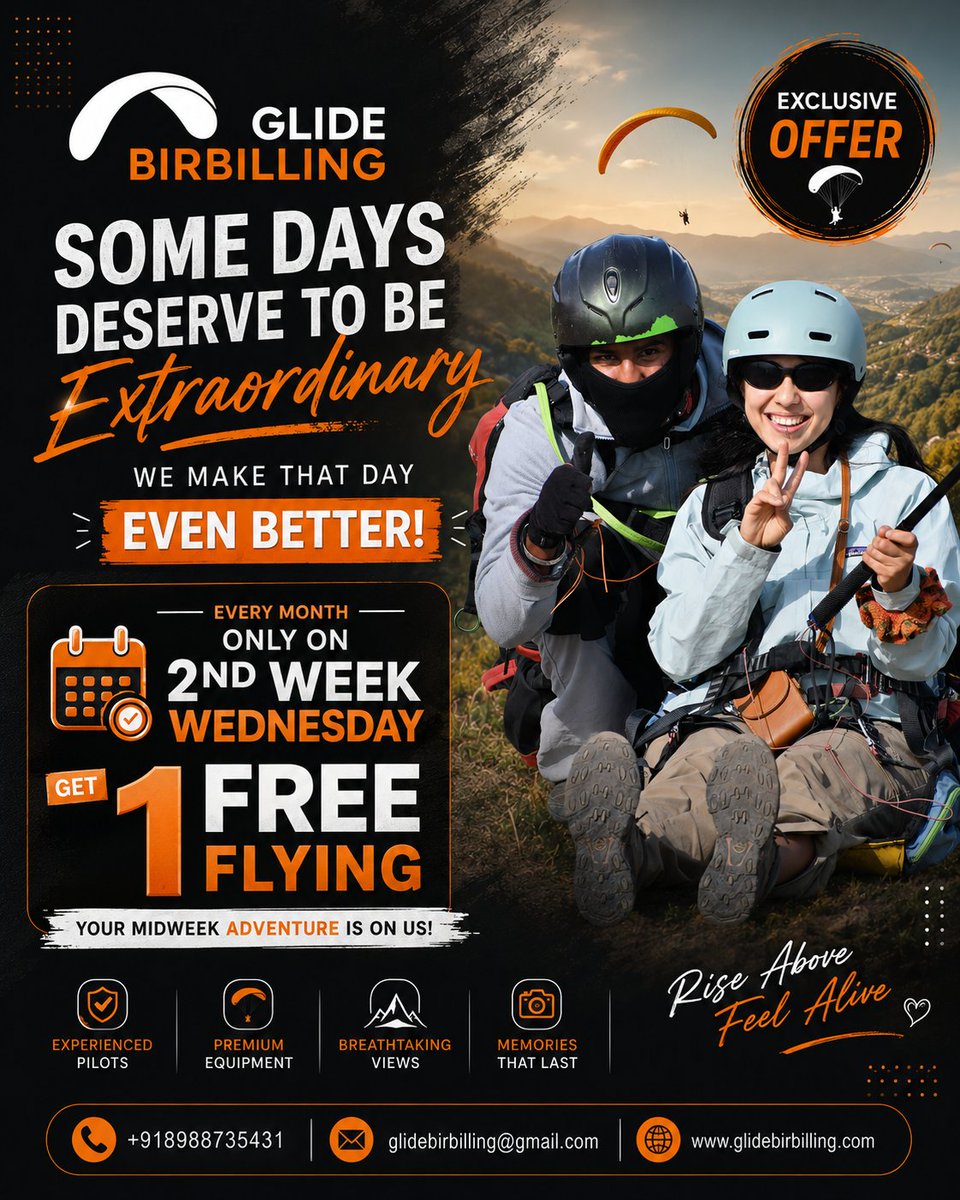 glidebirbilling's tweet photo. ✨ Fly FREE this month over the breathtaking skies of Bir Billing.
📅 Only on 2nd Week Wednesday
🎟 Use Code: GLIDE2WEDFREE

https://t.co/F6xXCjtVeu

#trending #trip #incredibleIndia #travelholic #travelgram #tour #himachalpradesh https://t.co/Bz9J7wnsmh