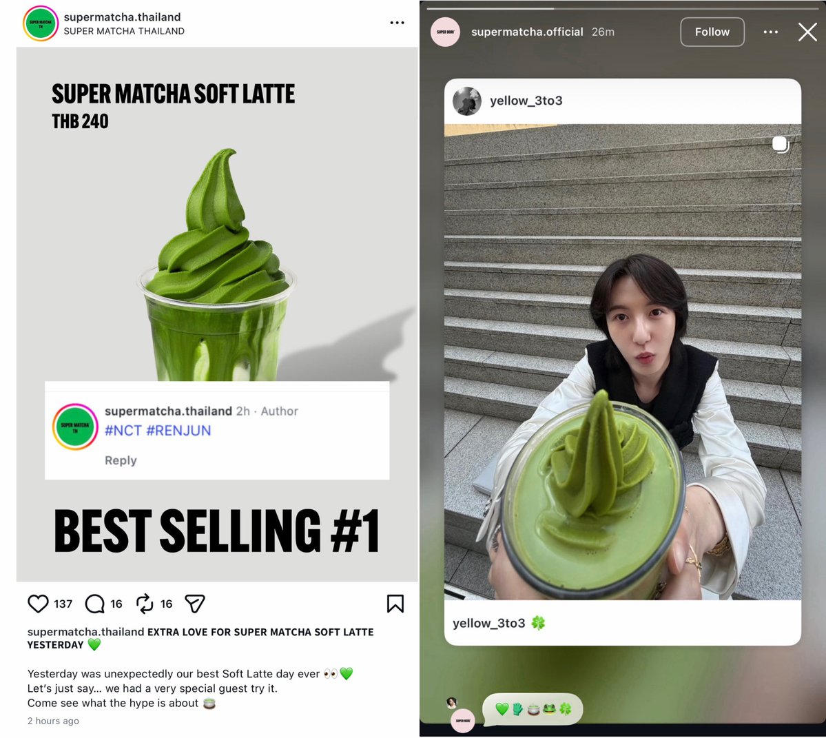 super matcha official (korea) reposted renjun's instagran post &amp; their thailand page also posted about renjun's impact on their sales yesterday! 💚🦊