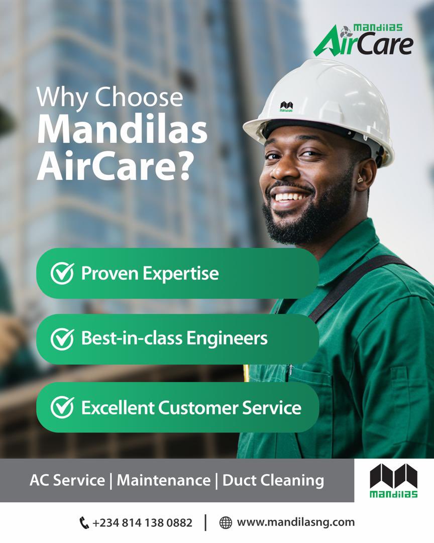 MandilasGroup's tweet photo. Cooling done right! ❄️

Meet Mandilas AirCare; your go-to expert for professional air conditioning services.

Whether it’s your home or business, we’ve got you covered with:

• Installation
• ⁠Startup/ Commissioning 
• ⁠Routine and Non- Routine Maintenance 
• ⁠Repairs
• ⁠Diagnostics
• ⁠Equipment Replacement 
• Duct Cleaning
• Emergency Services 
• ⁠Spare Parts

Why clients love us:
✅ Proven Expertise
✅ Best-in-class Engineers
✅ Excellent Customer Service

📞 +234 814 138 0882

DM us for a free consultation!

#MandilasAirCare #ACMaintenance