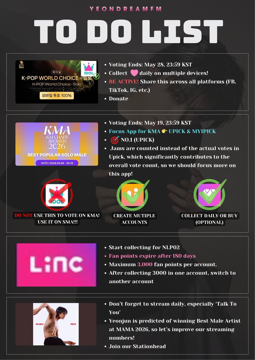 📢Moa/wajjunies!

Attention, everyone!

Please check our to-do list in the image below!
‼️Don't waste your Chamsim hearts! Save/Use it for SMA!!!

It's kinda overwhelming since it seems like a lot that we need to work on, but Hard work pays off! So, let's try our best to give