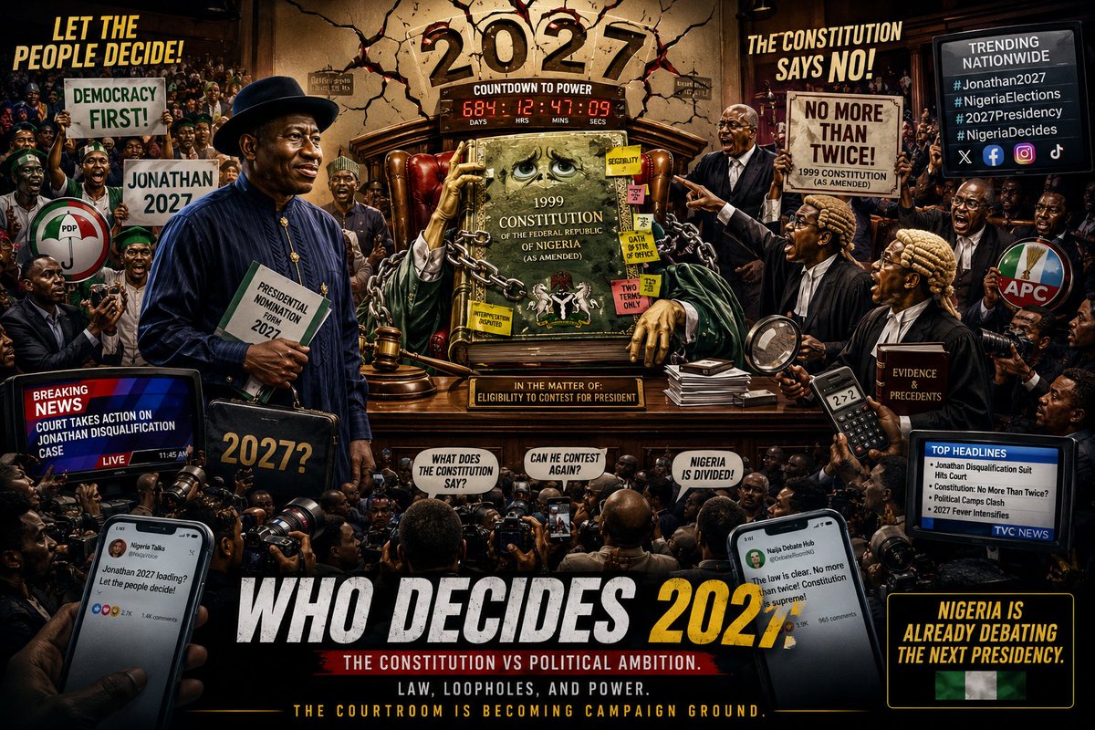AitoolsStudio's tweet photo. The 2027 election drama just entered the courtroom.

A suit seeking to stop Goodluck Jonathan from contesting again is now fueling fresh national debate over what the Constitution truly allows.

One side says:
“No president should take the oath more than twice.”

Another side says:
“Nigerians should decide at the ballot box.”

At this point, 2027 is no longer just a future election…

It’s becoming a battle over law, power, interpretation, and political memory. 🇳🇬⚖️