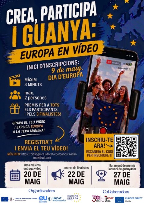 cdeudl's tweet photo. Concurs "Crea, participa i guanya: Europa en vídeo"🌍
Organitzat pel CDE, l’ambaixadora EPSO UNICAT de la UdL i l’Equip Europa x Catalunya – Delegació de Lleida
🎥 Vídeo màx. 3 min 
📩 Fins el 20/05➡️ https://t.co/WvlWJxtzBK 
🏆 Premis el 27/05
ℹ️ Bases: https://t.co/IDc1bBUevO https://t.co/gzrrT20k85