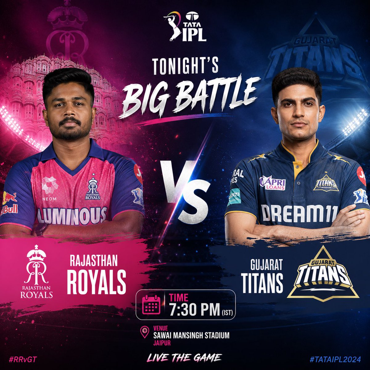betproexch's tweet photo. 🏏 Rajasthan Royals vs Gujarat Titans Tonight! 🔥  
Who’s taking the win tonight? 👀  

⏰ 7:30 PM IST  
#RRvsGT #IPL2026 #RajasthanRoyals #GujaratTitans #TATAIPL #Cricket https://t.co/SZEvsAHCHy