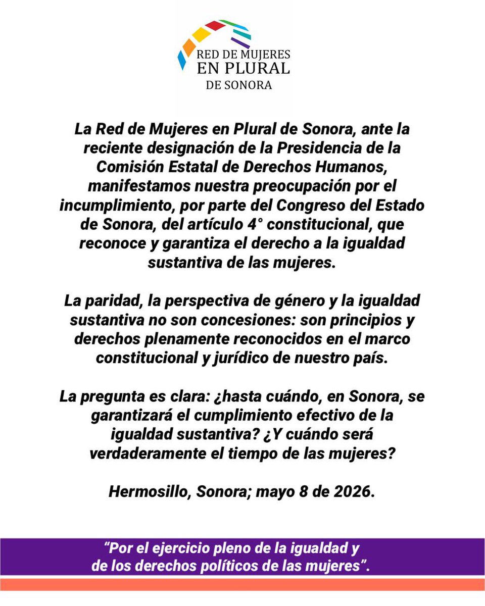 MPluralesSon's tweet photo. Red de Mujeres en Plural de Sonora nos manifestamos por el ejercicio pleno de los derechos de las mujeres.
¿Hasta cuándo en Sonora, las instituciones garantizarán el cumplimiento efectivo de la igualdad sustantiva? https://t.co/NK07Lwv7ew