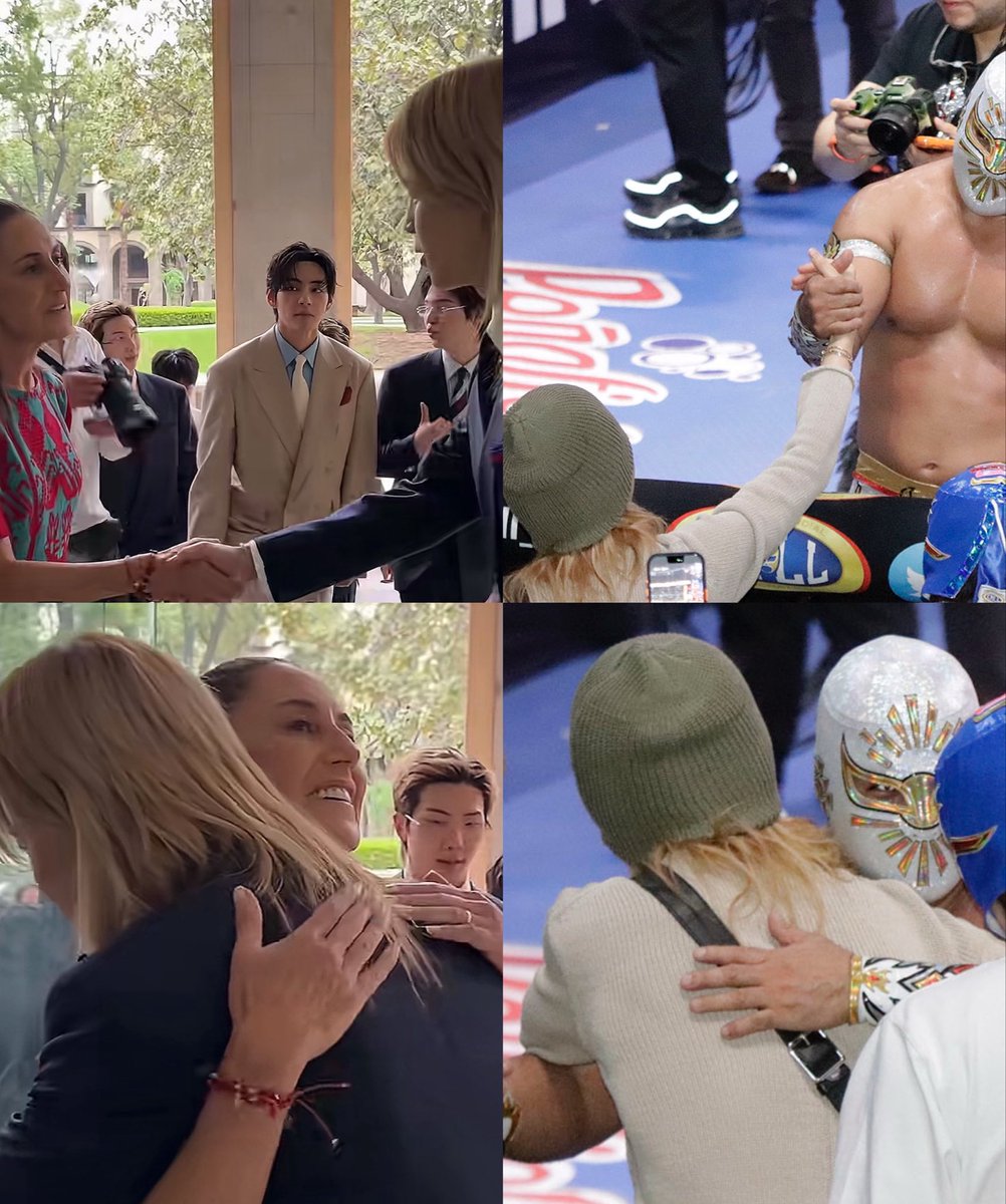 cocojm_0t7's tweet photo. never imagined i’d see jimin in mexico hugging both the president Claudia and the famous wrestler Mistico wow https://t.co/XkYEUZo2HH