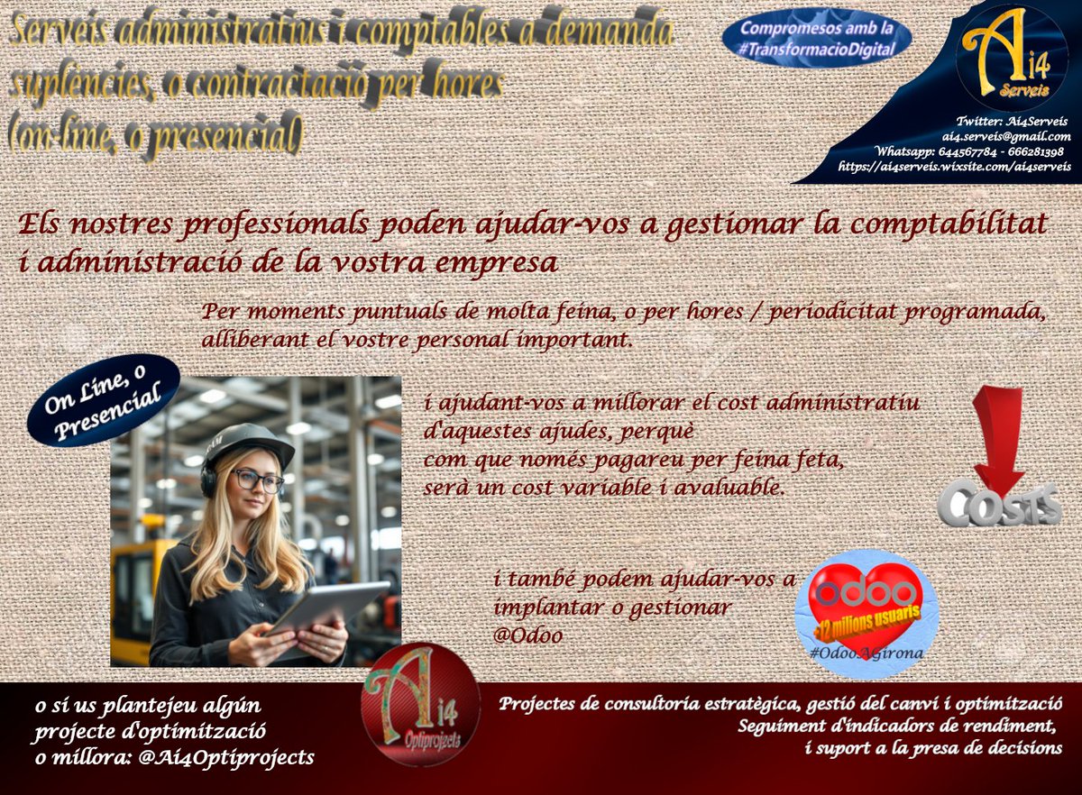 Ai4Serveis's tweet photo. #Implicacio i #OptimitzaciódeRecursos,
Perquè la nostra #Eficiència és la garantia de la vostra #MilloradeGestio.
#SolucionsAi4 es el suport que podeu modular a mida de les vostres necessitats i possibilitats.
#FeinesAdministrativesADemanda https://t.co/nsMGx90ibP