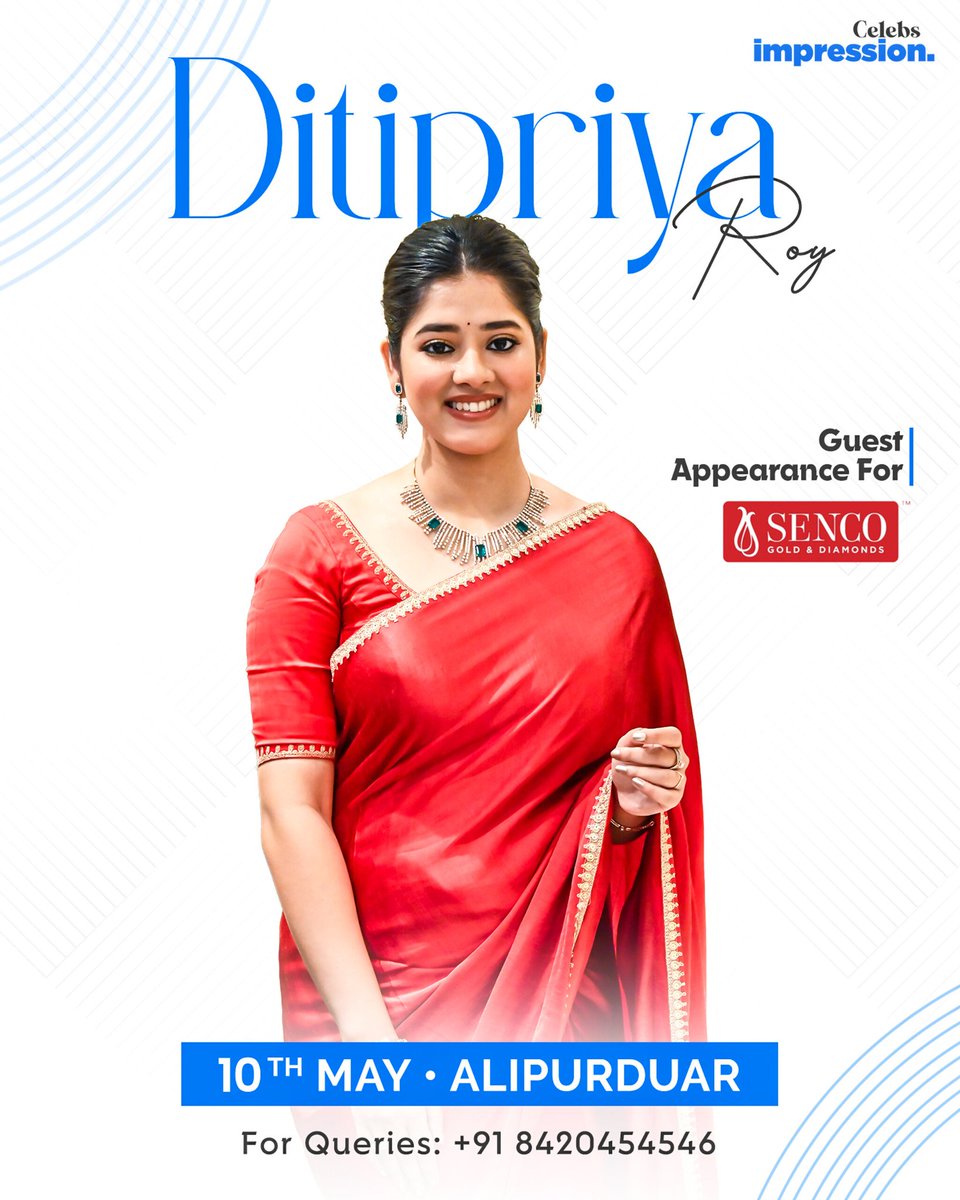 impressionwrld's tweet photo. ALIPURDUAR, ARE YOU READY! ✨

Your favorite star Ditipriya Roy will be present at the Senco Gold &amp; Diamonds store near you!💖💎

Don’t miss this amazing chance to see your favorite star live! ✨

📍 Alipurduar
⏰ 10:30 AM
📞 +91 8420454546

#ImpressionCelebs #DitipriyaRoy https://t.co/IDX7MQW5h1