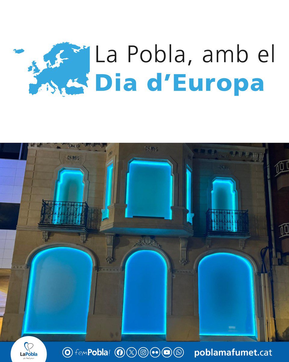AjuntamentPobla's tweet photo. Avui, #DiadEuropa, celebrem els 40 anys d’adhesió d’Espanya -i, per tant, de Catalunya- a la Unió Europea.🇪🇺 https://t.co/JfjuqPpsTE