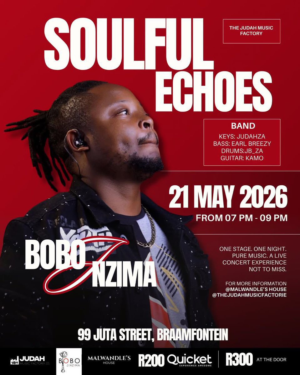 WandiieM_'s tweet photo. The echoes will be soulful, the night unforgettable 🎤🔥
  
Join Bobo Jay Nzima for a live performance filled with rhythm, passion, and pure artistry at #SoulfulEchoes.
    📍 99 Juta Street, Braamfontein
    📅 21 May 2026

https://t.co/BbU0XbnIDJ https://t.co/H31PZfEF2w