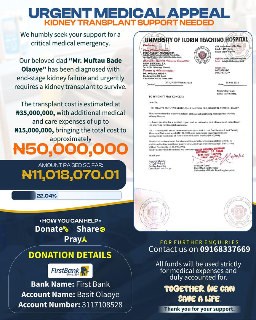 Crowns0071's tweet photo. UPDATE!!!

HELP US SAVE MUFTAU!!!

We’ve now crossed the the ₦11 million mark ❤️  
This is real progress, and we are deeply grateful to everyone standing with us during this critical time.

#Savebademuftau
#Helpbademuftaulive https://t.co/lixvELNoul