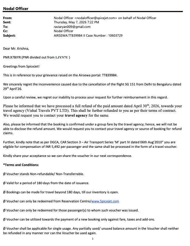 raviaryan009's tweet photo. SG151 delayed 7+ hrs &amp; cancelled. ₹7,797 refund unresolved, though SpiceJet says refund sent to Vishal Travels. Compensation is forced as a voucher, not money. Had to book a ₹8,789 Indigo flight. AirSewa TT839984 reopened. @flyspicejet @airsewa @DGCAIndia @RamMNK @MoCA_GoI https://t.co/kxCQxnDNEo