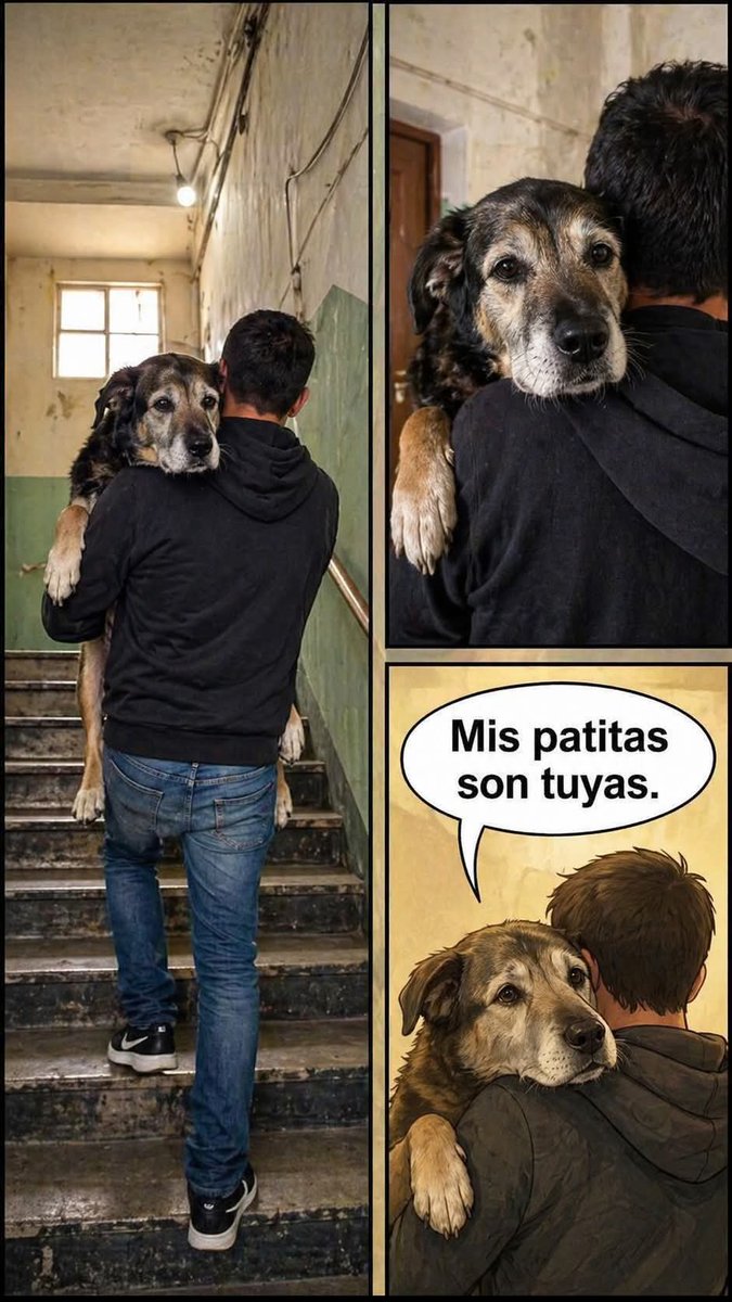 ANIMALITOSSANA's tweet photo. Un vecino grabó a un muchacho llegando de trabajar a su edificio..

El joven vive en un cuarto piso sin elevador y su perrita ya está tan viejita que sus piernas le tiemblan y no puede subir ni un solo escalón, en lugar de quejarse el dueño llega cansadísimo pero se agacha para cargarla entre sus brazos como si fuera un bebé recién nacido..😞

Sube los cuatro pisos todos los días sin fallar para que ella duerma calientita 🥹

Le ofrecieron mudarse a un departamento en la planta baja pero él dijo que no se iba a ir del lugar donde ella creció feliz!! porque? prefiere acabar con la espalda destrozada antes de verla sufrir intentando subir solita 💔

Este muchacho nos demostró que una mascota es familia hasta el final y que nunca se abandona a los que nos dieron sus mejores años 🕊️❤️🏡♥️🐾🐾
🥹💖