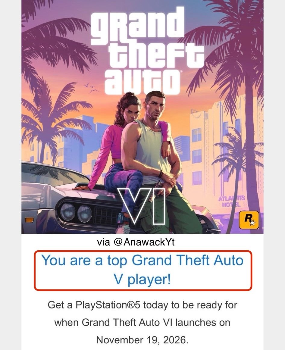 eXtas1stv's tweet photo. 🌴 ¿¿SE VIENEN COSITAS CON GTA VI??🔥

Parece que Sony ya está moviendo sus fichas, porque usuarios de PS4 están recibiendo correos y notificaciones oficiales de PlayStation recomendándoles el salto a PS5 para estar listos (coincidiendo con el anuncio del marketing exclusivo). 

Además, la revista Game Informer (que ya colaboró con Rockstar para GTA V) está enviando correos anunciando que su próxima portada será una sorpresa, incluyendo varios REDACTED en el mensaje.