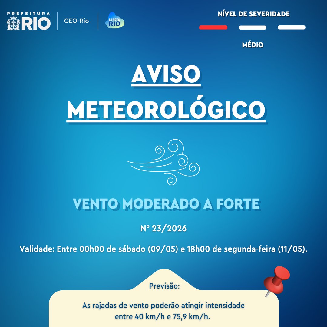 AlertaRio's tweet photo. ⚠️ AVISO METEOROLÓGICO | A aproximação e passagem de uma frente fria intensificarão os ventos na cidade do Rio de Janeiro, entre o sábado (09/05) e a segunda-feira (11/05). https://t.co/WUH9fFh7jw