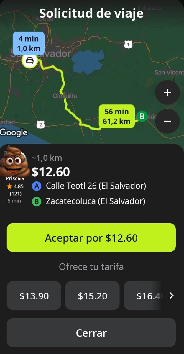 DonHHSv's tweet photo. Sres de @inDriveLatam @inDrive  pueden explicar porque la tarifa es injusta al driver de #ElSalvador son 61.2 km y el cliente da $12.60(de donde saca ese precio el usuario) el precio justo debe ser $60 por los km a recorrer @CNNEE @ActualidadRT @elsalvador https://t.co/DDmjFywctm