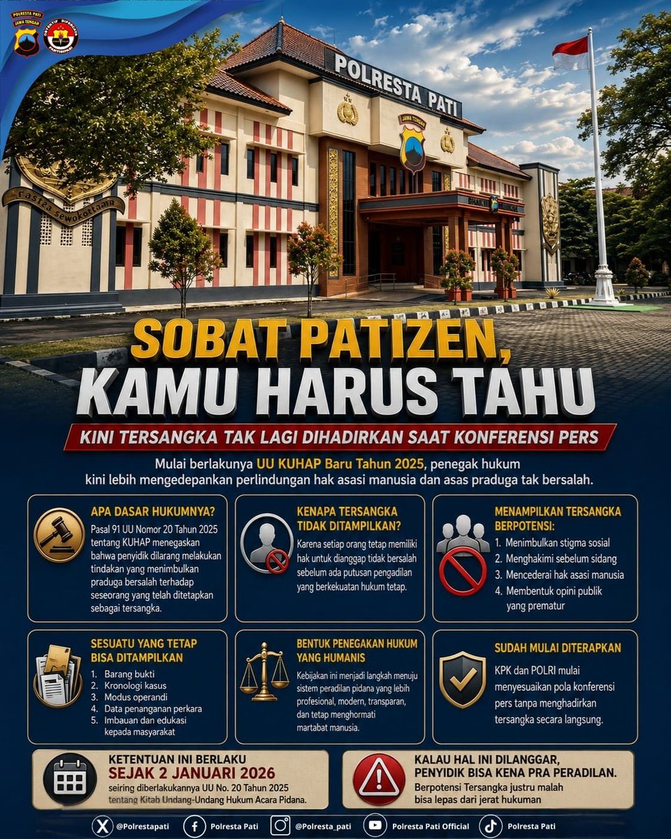 sandy_kumba's tweet photo. 𝗦𝗼𝗯𝗮𝘁 𝗣𝗮𝘁𝗶𝘇𝗲𝗻 𝗞𝗮𝗺𝘂 𝗛𝗮𝗿𝘂𝘀 𝗧𝗮𝗵𝘂
Mungkin sering banget kan terlintas di pikiran ngapain sih Tersangka gak dihadirkan saat Konferensi Pers?? Jangan jangan ada udang di balik rempeyek. Eits tunggu dulu yuk kita baca info grafis ini. Semoga menjawab kegalauan https://t.co/6W0YnhdTIQ