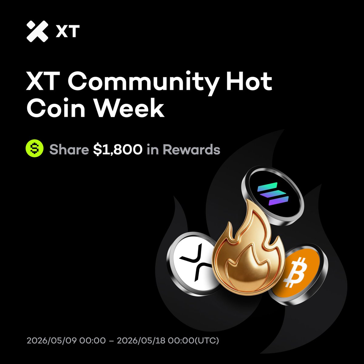 XTexchange's tweet photo. 🔥 XT Community Hot Coin Week: Share $1,800
🎁 Trade BTC, ETH, SOL, DOGE, and XRP to share $1,800 in rewards!
⏰ 2026/05/09 00:00 – 2026/05/18 00:00 (UTC)

✅ Trading Rewards: Share $1,350
✅ Leaderboard Rewards: Top 10 share $150
✅ New User Bonus: Share an extra $300
👉 Join now: https://t.co/7e6EqZEFKp

#XT #Crypto #Trading #Futures #Airdrop