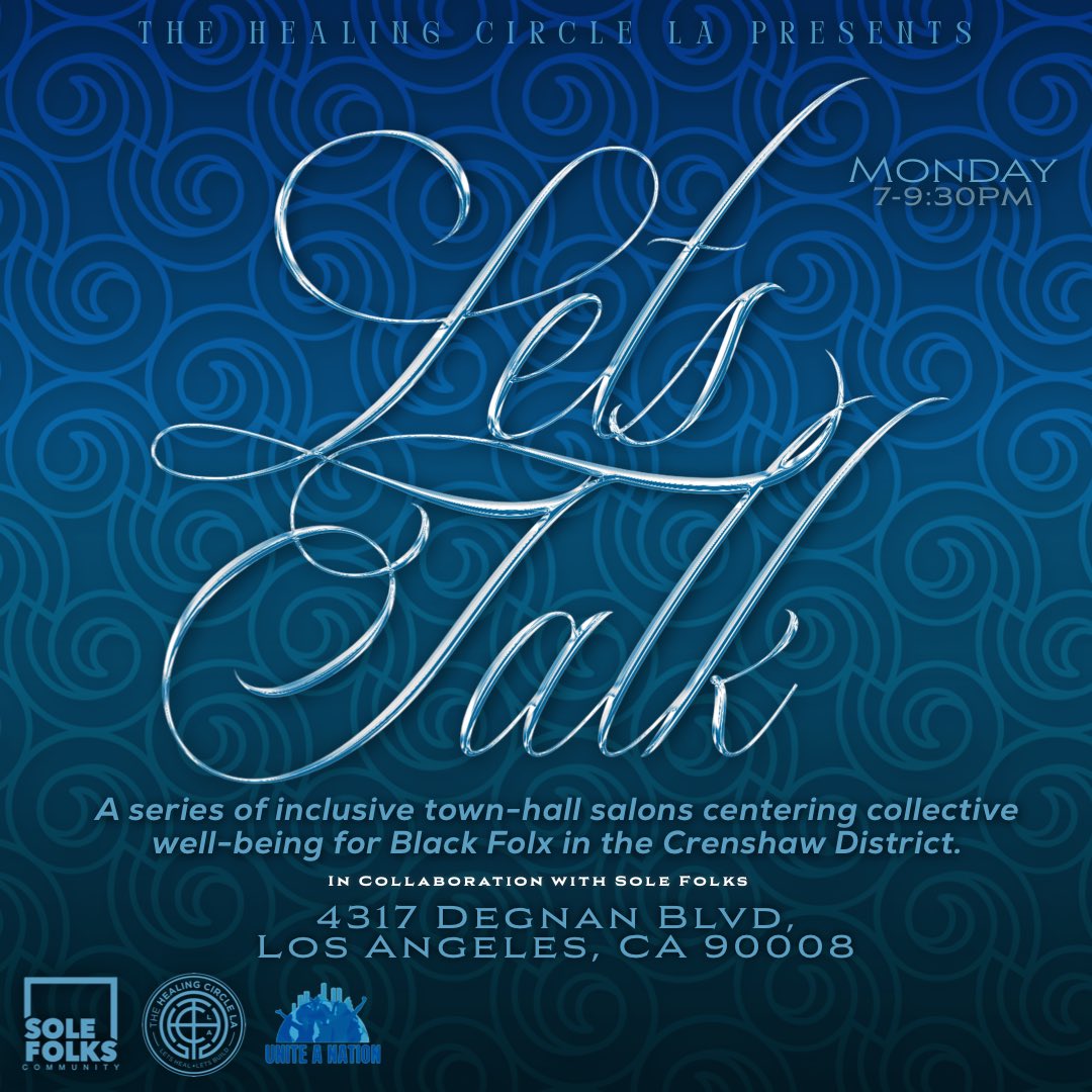 healingtheblock's tweet photo. Part 2: Holding It All — what are we carrying, what’s weighing us down, and what happens next?

Pull up with the homies. Bring an open mind, real stories, and real energy.
🕖 7PM
📍 Sole Folks, Leimert Park https://t.co/d8YqFGP64c