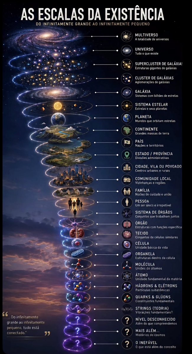 A imagem das “escalas da existência” chama atenção porque tenta organizar toda a realidade, do infinitamente grande ao infinitamente pequeno, em uma única sequência visual. Mas é importante lembrar: ela não deve ser vista como um mapa científico exato, e sim como uma