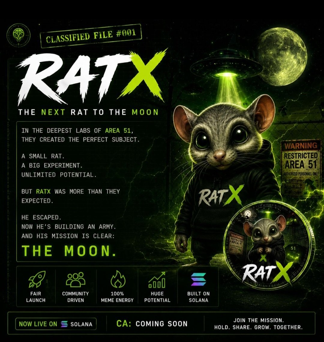 RPassarin1993's tweet photo. Somewhere buried in the shadows of Area 51...
they created something they should never have awakened.

A small rat.
A forbidden mutation.
An experiment that evolved too fast.

But there was a problem...
no one could control its instinct.
An insane desire.
An impossible obsession.
To reach the moon at any cost. 🌕
His name is RATX 🐭🛸
He escaped containment.
He hacked the system.
And now he's gathering followers in the shadows of the internet.
It's not just a meme coin.
It's a cult.
Early.
Strange.
Unpredictable.
Dangerous.

And maybe... it's already too late to stop. 🚨 CA: 2oDrJfCV8jTczqjRM3oWC6Ev5yvpqmUpvedX4RVYpump
@Ratx01