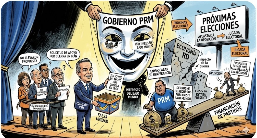 LA MÁSCARA DEL GOBIERNO DEL PRM
​El PRM envía una comisión de su gobierno a visitar a los partidos políticos con la falsa idea de buscar apoyo para enfrentar el impacto de la guerra en Irán en nuestra economía. No llevaron propuesta porque la visita buscaba una encerrona: