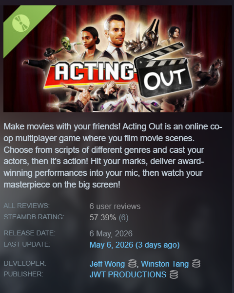 winstonoftang's tweet photo. We've had over 3,000 downloads on the ACTING OUT demo! But only 6 reviews! 
If you've played the game, we'd really appreciate leaving a review. Any feedback welcome! https://t.co/fW6egFPvO8