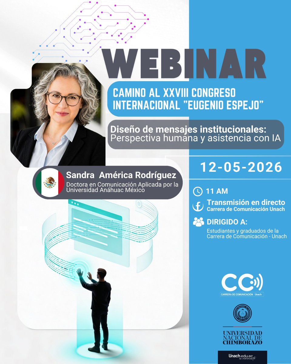 sandramerica's tweet photo. Gracias a la Universidad Nacional de Chimborazo por la invitación a participar en este webinar sobre comunicación estratégica e inteligencia artificial aplicada a los nuevos entornos organizacionales. ✨🎙️ https://t.co/z2arsOocWV