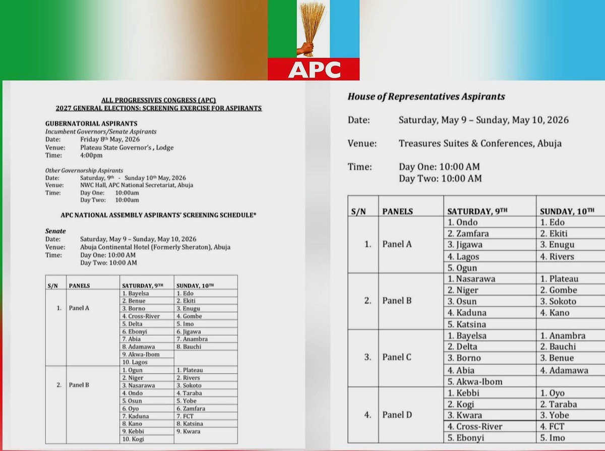 The  (APC) has officially commenced the screening process for aspirants seeking tickets into the National Assembly ahead of the Party’s primary elections

For Senate will hold at the Abuja Continental Hotel, while House of Representatives at Treasures Suites &amp; Conferences, Abuja.