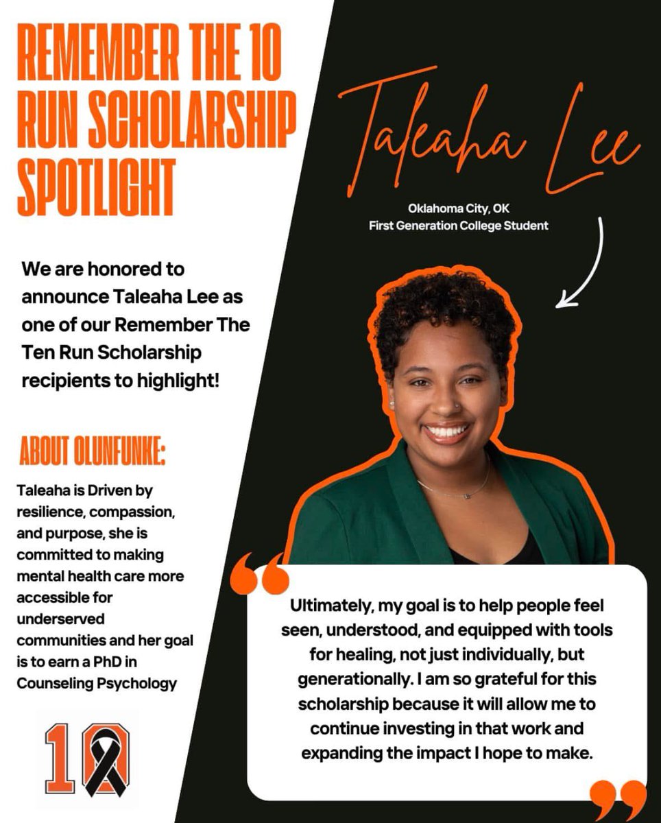 RT10Run's tweet photo. Today's Remember The Ten Run Scholarship spotlight is Taleaha Lee!As a first-generation college student pursuing a future in Counseling Psychology, she hopes to expand access to trauma-informed mental health care in underserved communities and help others feel seen &amp; understood. https://t.co/F1cXTEjeMj