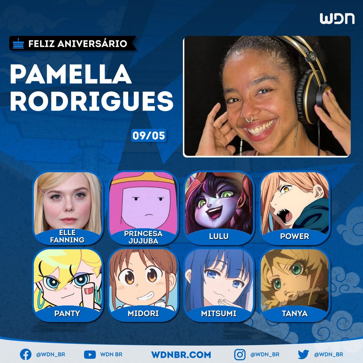 Voz da Power em Chainsaw Man e da Princesa Jujuba em Hora de Aventura, hoje é aniversário da maravilhosa dubladora Pamella Rodrigues! Desejamos a essa ilustre voz brasileira! 🥳🎊🎂🎁