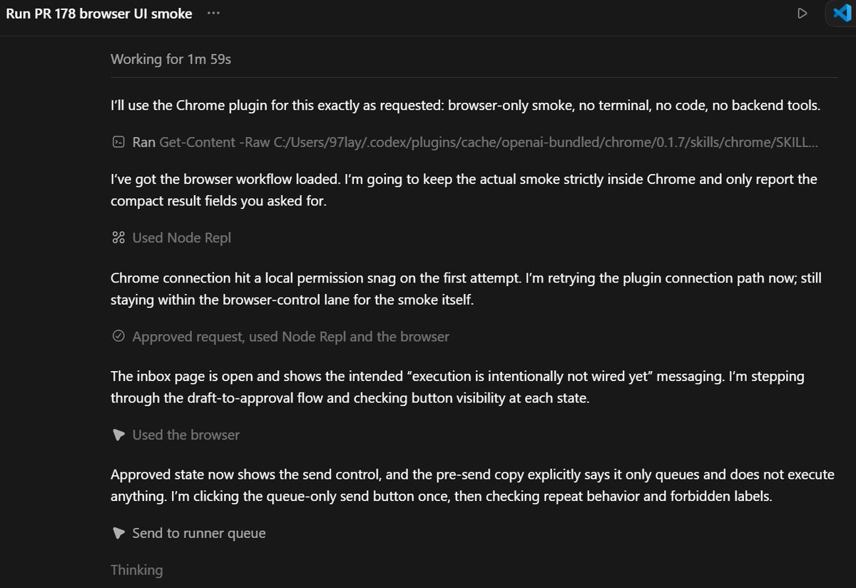 Codex Chrome extension running a browser-only UI smoke test through an approval queue inside a PR workflow