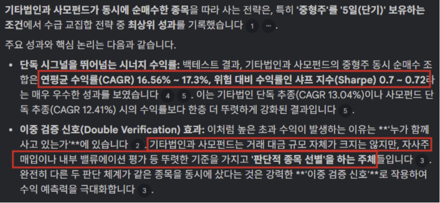 trend_tiger_'s tweet photo. 1) 사모펀드와 기타법인이 찐이다.

사모펀드와 기타법인은 거래 규모는 작지만,
자사주 매입이나 밸류평가 등 뚜렷한 기준을 갖고
'판단적 종목 선별'을 하는 주체 입니다.

그리고 이 둘이 동시에 사는 종목은
연평균 수익률 약 +17%, 샤프지수는 0.7을 기록했습니다. https://t.co/hQtUiggIVS