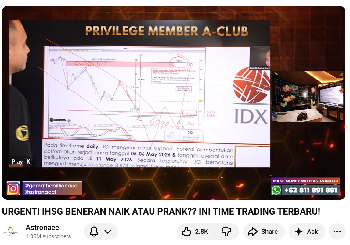 WOLF_of_IHSG's tweet photo. Melihat 'bantingan' $IHSG di Jumat kemarin, 
saya jadi 'penasaran' dengan POV dari Pak Gema Goeyardi tentunya dari sisi "Financial Astrology" yang sangat beliau kuasai.

Ternyata ada Video Youtube terbaru dari beliau yang membahas tentang hal ini...

berikut beberapa Point Penting yang menurut saya menarik dan bisa memberi 'sedikit' pencerahan.

a thread 🧵