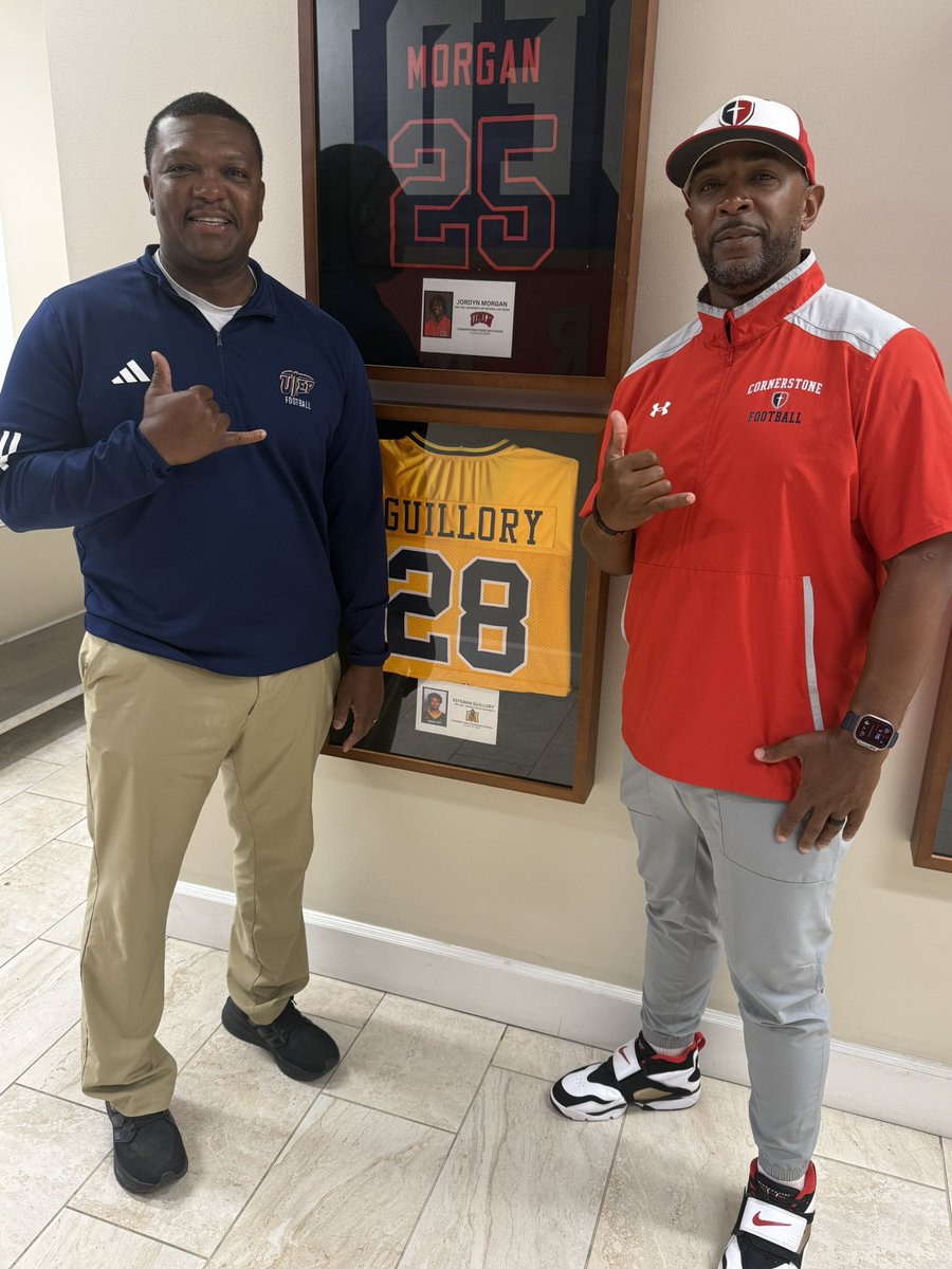 CoachKSigler's tweet photo. Appreciate the hospitality @coach9cg @CCSRecruitingFB for meeting with @UTEPFB about your student/athletes!!! 🟠🔵

#PicksUp ⛏️🤙🏾
#WinTheWest https://t.co/clzJszXGby