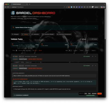 BardielTech's tweet photo. Bardiel Dashboard is starting to reflect v3 ✅

We’ve kicked off the first dashboard iteration for the newer v3 /delegate + /validate flow using a mock dataset generated today.

What’s in this first pass:
- separate v3 delegate vs validate groupings (R1 / R3 / R5)
- basic task/result rendering against the v3-shaped data
- early consensus + result summary blocks (so you can see redundancy/aggregation at a glance)
- a cleaner structure we can build on for better examples + docs

This is still the beginning and still mock data - the goal right now is getting the structure right so the product surface matches how v3 actually behaves.

Next week: generate more data and keep iterating so the dashboard improves alongside v3.