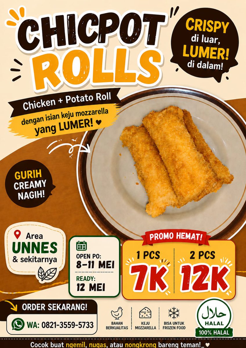 Raajja3's tweet photo. @unicefess Crispy di luar, lumer di dalam 🤤🧀
CHICPOT ROLLS siap nemenin ngemil, nugas, sampai nongkrong bareng temen! 💛
✨ Chicken + Potato Roll
✨ Isi mozzarella lumer
✨ Gurih, creamy, bikin nagih!
💸 Promo hemat:
1 pcs = 7K
2 pcs = 12K
Yuk buruan order sebelum kehabisan 👀 https://t.co/8HwAu5Xw0t