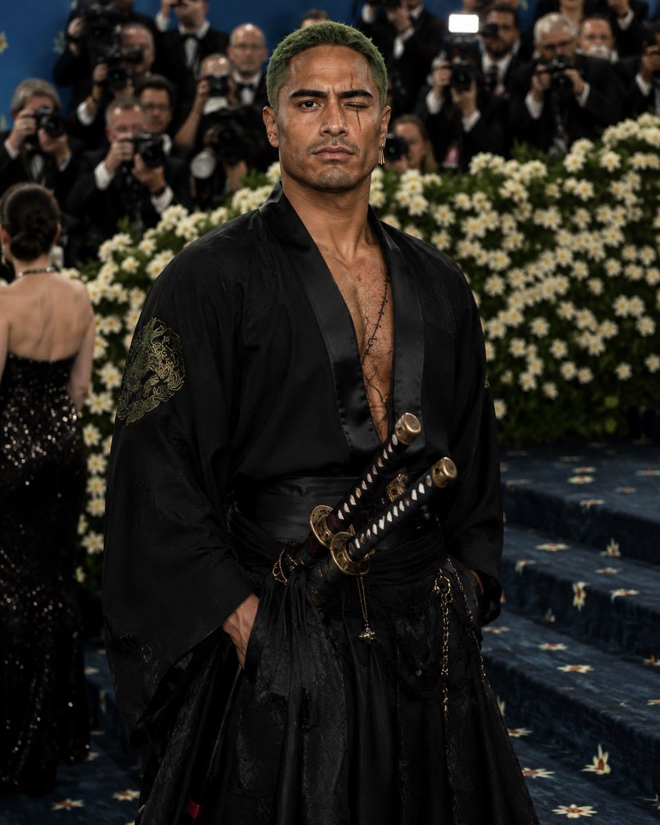 Te_Nug's tweet photo. How goods ChatGPT 😅 
Me as Zoro at the Met Gala 
#OnePiece #Zoro https://t.co/mvIaTRaqlY