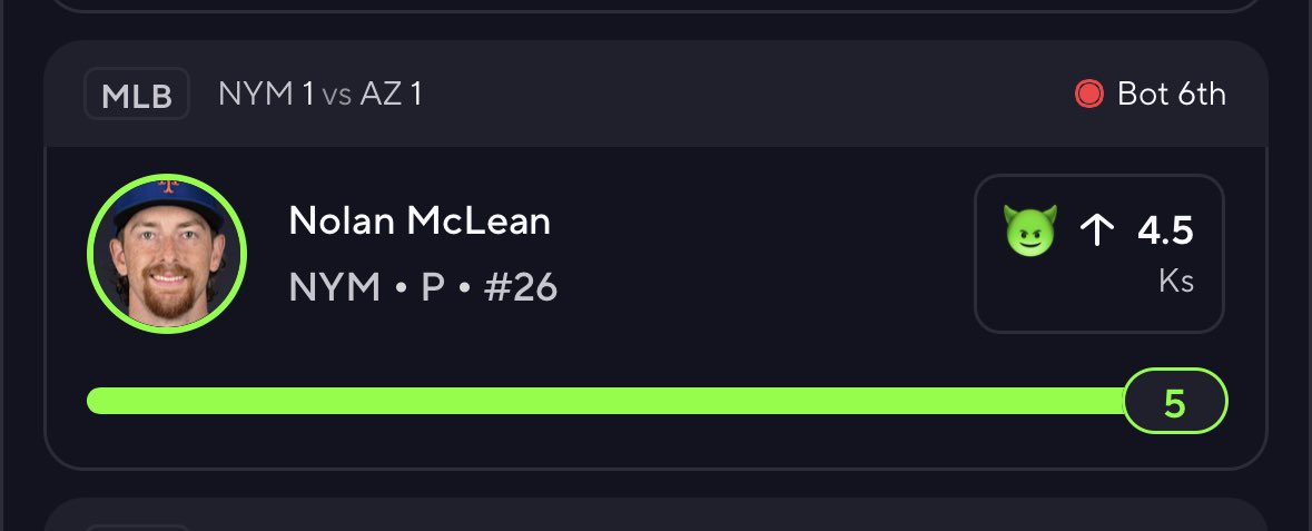 errionspicks's tweet photo. Nolan McLean 4.5 Ks — CASH ✅⚾️
5 Ks by the 6th. Line was light, read was right.

More plays in Discord 🎯
https://t.co/47wetyE4hq https://t.co/myO66zNKE4