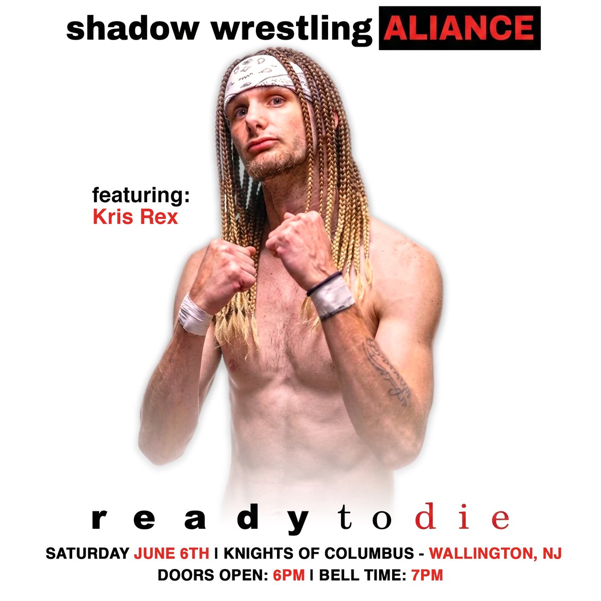 RexWrestles's tweet photo. June 6th. Wallington, NJ. @WatchShadowLive 

Ready to Die.

#ShadowWrestlingAlliance #KrisRex #IndyWrestling #ProWrestling #NewJersey https://t.co/IAyn0UMqn4