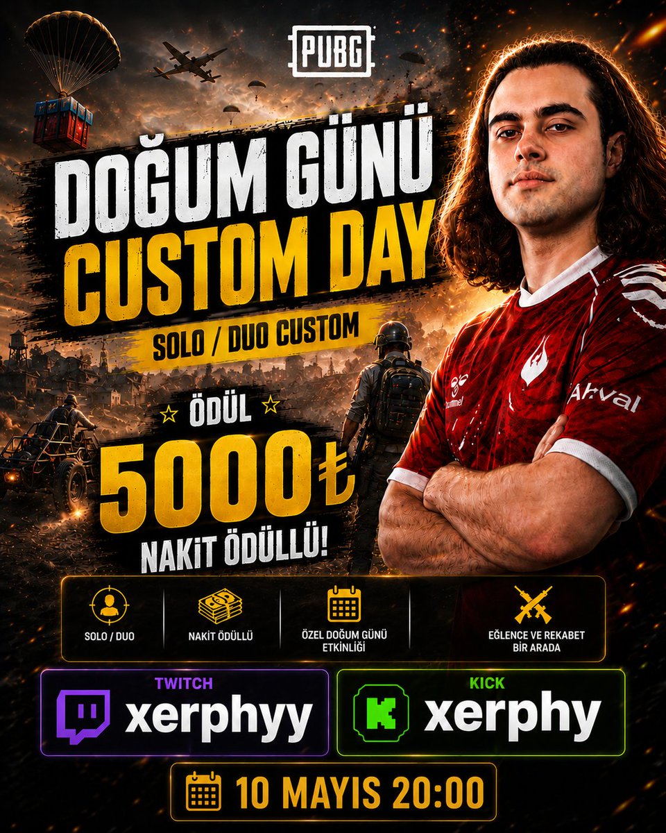 Xerphyy's tweet photo. Merhabalar efenim, ben yarın doğacağım :) ve kendimce ufak bir etkinlik yapmak istedim siz değerli takipçilerim ve pubg severlere. Bu etkinliği ileriye dönük projelerimiz içinde ufak bir başlangıç olarak görebilirsiniz. Detayları bugün açacağımız yayında konuşuruz, buyurun gelin. https://t.co/lS60Fc6OcW