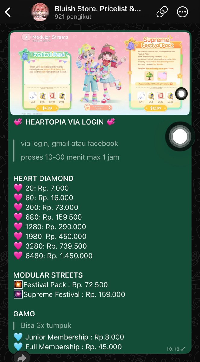 backupbluish's tweet photo. 🩷PROMO TOPUP HEARTOPIA🩷

bluish bawain promo topup kebutuhan heartopia kamu😋 untuk modular streets promo sampai 12 Mei yaa!!

[ Contact Person &amp; Testimoni ]
☎️ https://t.co/hp223AonKn 

t. topup heartopia #bealanja https://t.co/rJ1k1aTEXY