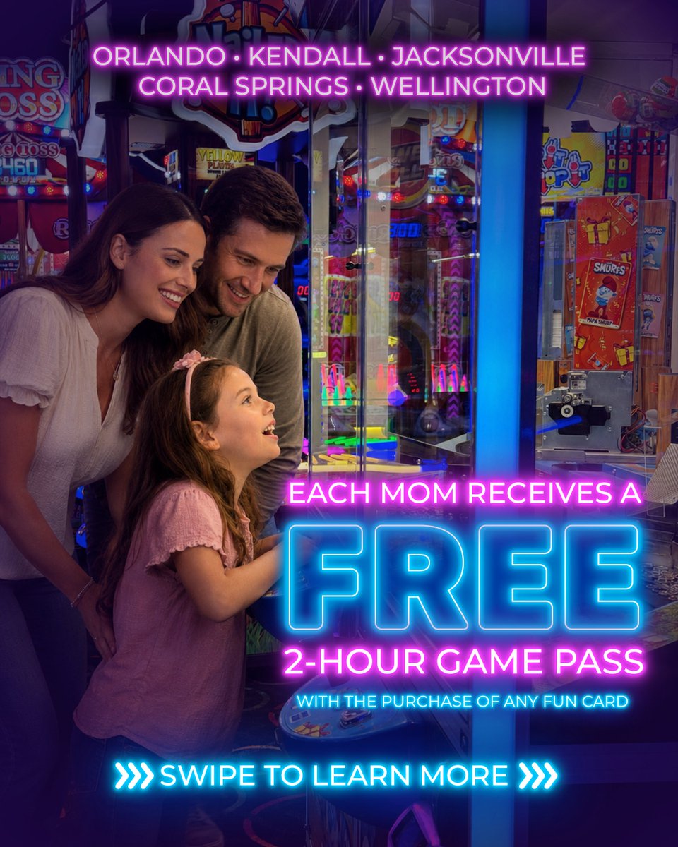 ArcadeTimeUSA's tweet photo. Mom Plays Free at Arcade Time with any Fun Card purchase this Mother’s Day! 💐 Make it a family day out with endless modern + retro arcade games, timeless family fun, and priceless memories. 

Skip the ordinary plans and bring Mom somewhere the whole family can game. 🕹 Arcade Time is celebrating Mother’s Day in Orlando, Kendall, Jacksonville, Coral Springs, and Wellington with modern arcade games, retro favorites, fantastic prizes, and a free 2-hour game pass for Mom with any Fun Card purchase. 🆓 Plus, experience Duckpin Bowling, Krazy Darts, full-service dining, and bar service at select locations, giving your crew even more ways to eat, drink, game, and celebrate Mom all in one place. 🎳🎯🍔🍹

👉 Grab the family and start planning your Mother’s Day at Arcade Time!

#MothersDay #MomPlaysFree #RetroArcade #FamilyFun #ArcadeTime